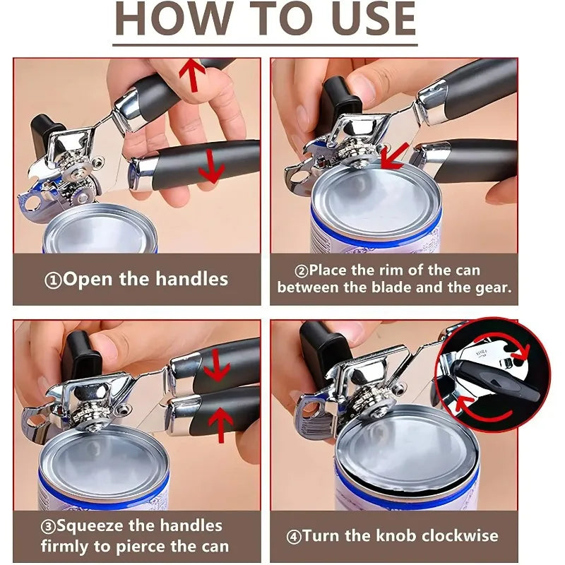 Abridor de Latas Multifuncional em Aço Inoxidável – Prático, Seguro e Durável!